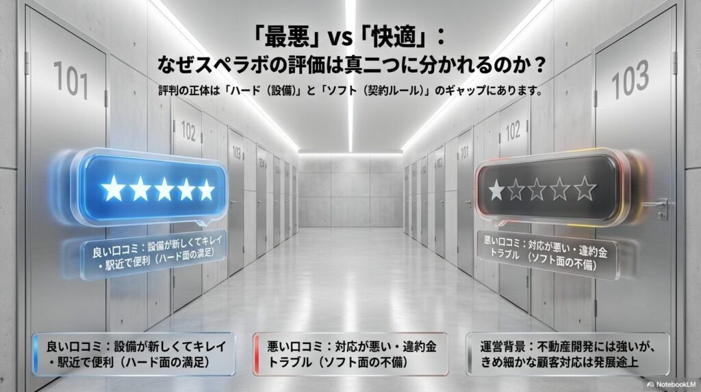 スぺラボの口コミが良い点（設備・立地）と悪い点（対応・違約金）に極端に分かれる理由を、運営会社の背景（不動産開発が得意）とハード面・ソフト面のギャップで解説した図解。