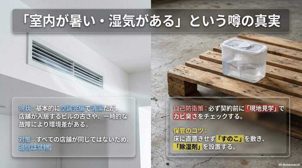 スぺラボの空調事情と、カビを防ぐための現地見学の重要性、および床に直置きせず「すのこ」や「除湿剤」を使う具体的な保管テクニック。