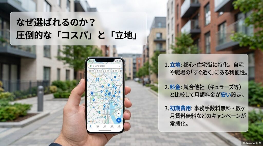 スぺラボが選ばれる理由として、都心・住宅街にある「立地」、競合他社より安い「月額料金」、キャンペーン適用による「初期費用」の安さの3点を挙げた解説図。