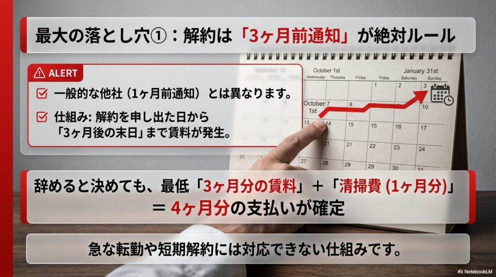 スぺラボの解約ルールにおける最大の注意点。10月に解約通知を出しても契約終了は1月末になるなど、解約までに3ヶ月かかるタイムラインを示したカレンダー図解。