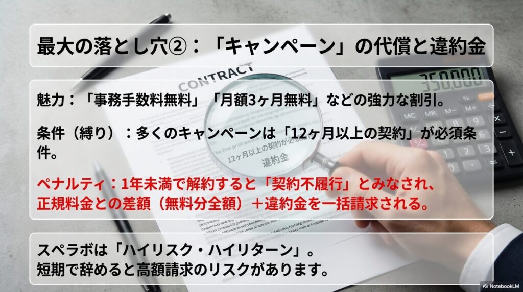 月額無料」などのキャンペーンを利用した場合、短期解約すると「無料分の全額返還」が求められる仕組みの解説。解約コストが跳ね上がる「ハイリスク・ハイリターン」な構造の図解。