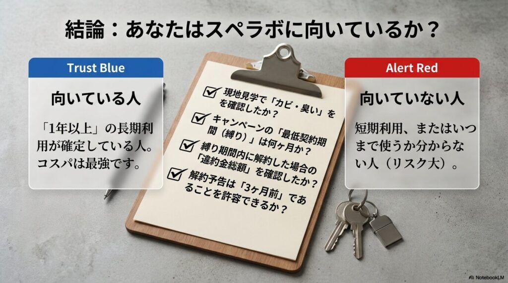 スぺラボを契約する前に確認すべき必須項目まとめ。適用キャンペーン名、最低契約期間（縛り）、解約通知期限（3ヶ月前）、違約金の総額を確認するためのチェックシート。