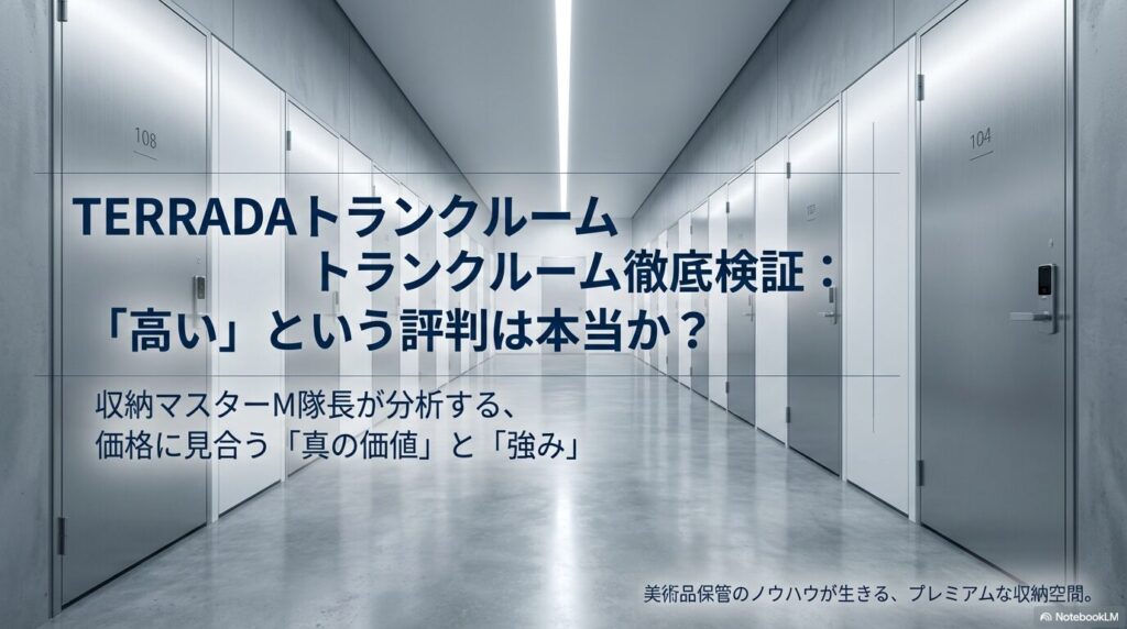 TERRADAトランクルームの「高い」という評判の真偽を検証。美術品保管のノウハウを活かしたプレミアムな収納空間としての価値を分析するスライド表紙。