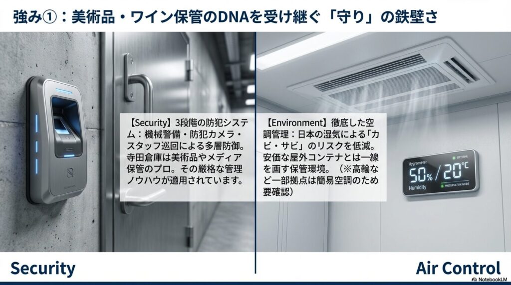 TERRADAの強みである3段階の防犯システム（機械警備・カメラ・巡回）と、カビやサビを防ぐ徹底した温湿度管理（エアコントロール）の解説図。