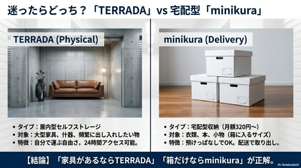 屋内型のTERRADA（家具・頻繁な出し入れ向け）と、宅配型のminikura（段ボール・預けっぱなし向け）のサービス特性比較と、選び方の結論図解。