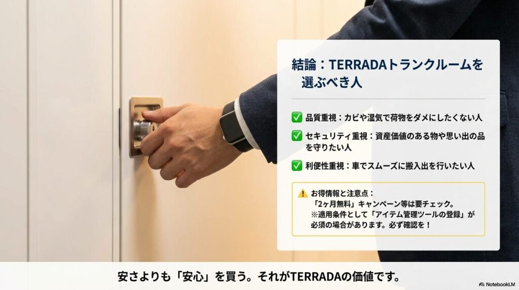 品質・セキュリティ・利便性を重視する人こそTERRADAを選ぶべきという結論と、キャンペーン適用条件（管理ツール登録）の注意点をまとめたスライド。