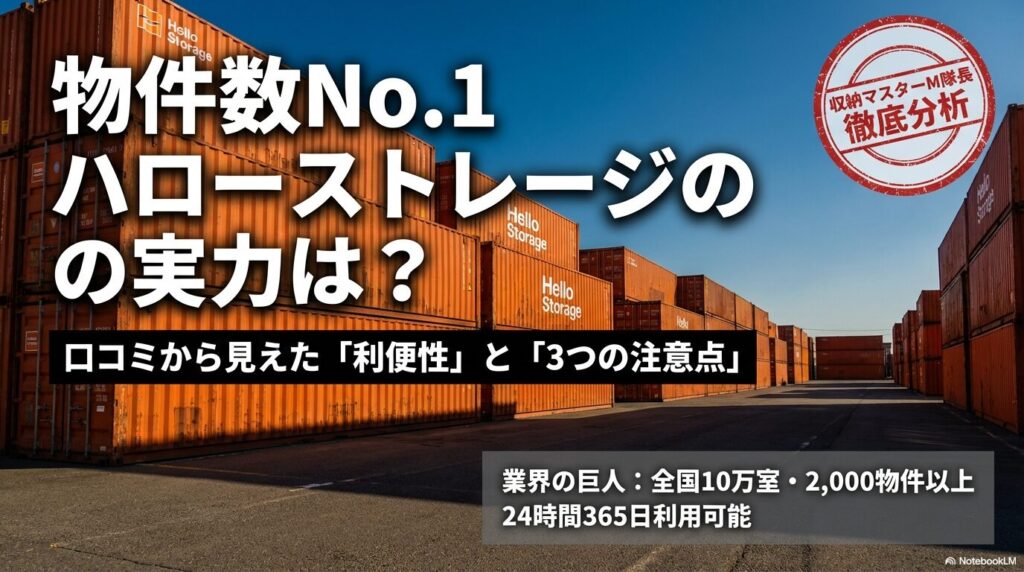 ハローストレージの物件数や24時間利用可能な利便性と、契約前に知っておくべき3つの注意点（空調、料金、解約）について徹底分析するスライド表紙。