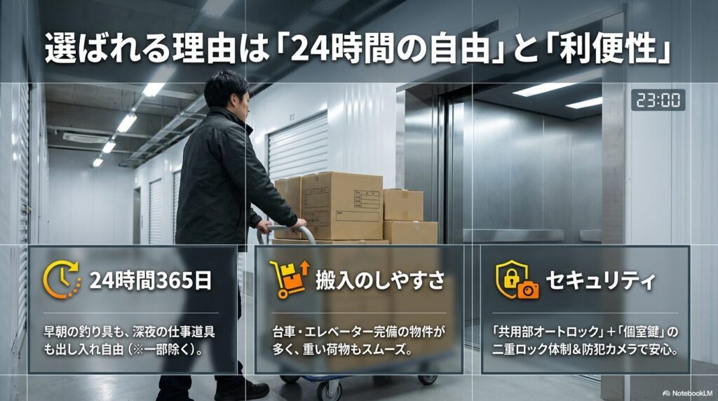 ハローストレージが選ばれる理由として、24時間365日利用可能な点、台車やエレベーターによる搬入のしやすさ、二重ロックによるセキュリティ体制を解説した図解。