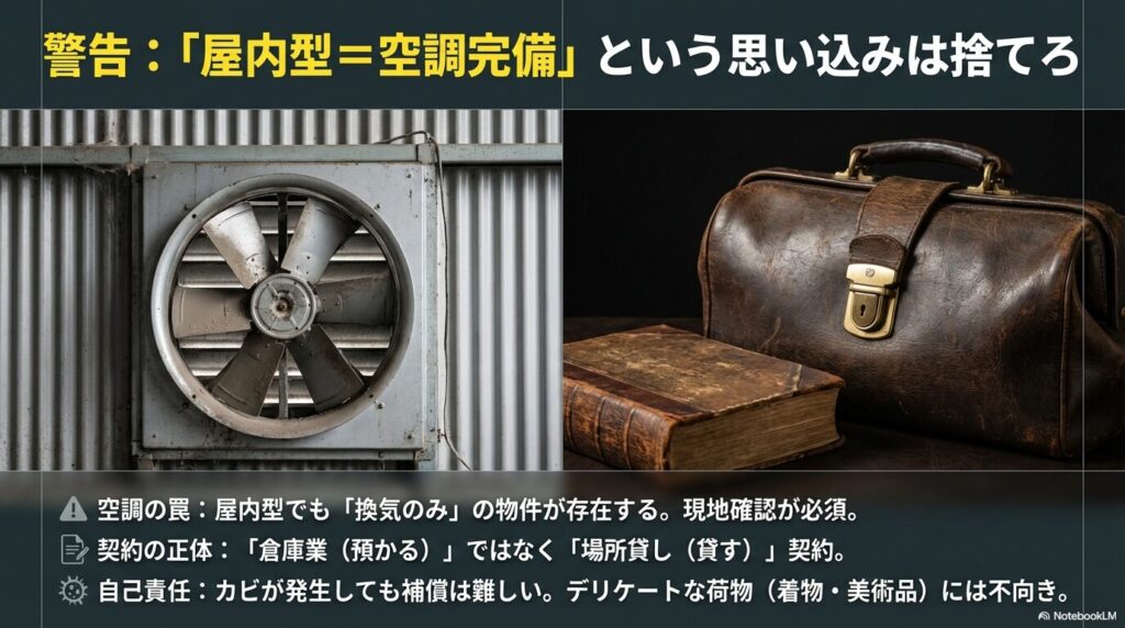 屋内型トランクルームでも換気のみの物件が存在するため、カビ対策として契約前の現地確認が必須であることを示す警告スライド。
