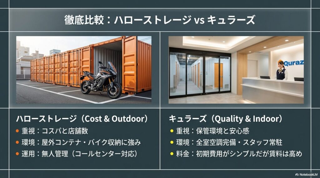 コスパと屋外に強いハローストレージと、高品質な保管環境に強いキュラーズの特徴を比較したスライド。