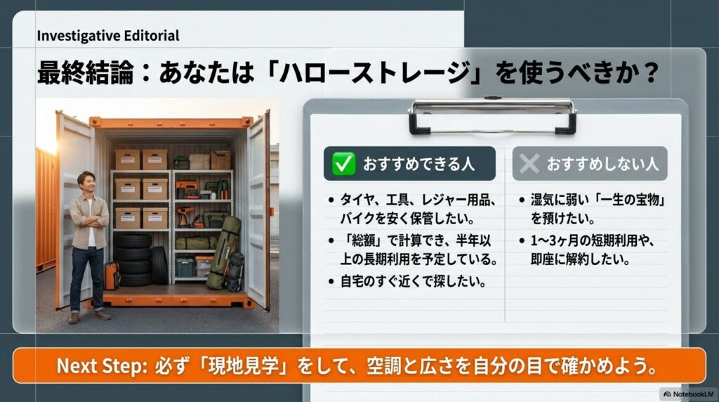 長期利用でコスパを重視する人にはおすすめだが、短期利用や湿気に弱い荷物を預けたい人にはおすすめしないという最終的な向き不向きのまとめ。