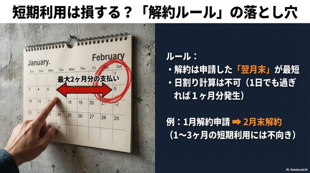 ハローストレージの解約ルールは「申請の翌月末」が最短であり、日割り計算も不可のため、1〜3ヶ月の短期利用には不向きであることをカレンダーで解説した図解。