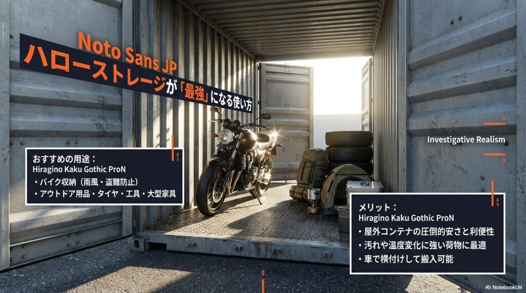 屋外コンテナの安さと車を横付けできる利便性を活かし、バイクやタイヤ、アウトドア用品、大型家具などを収納するのがハローストレージの最適な使い方であるという解説。