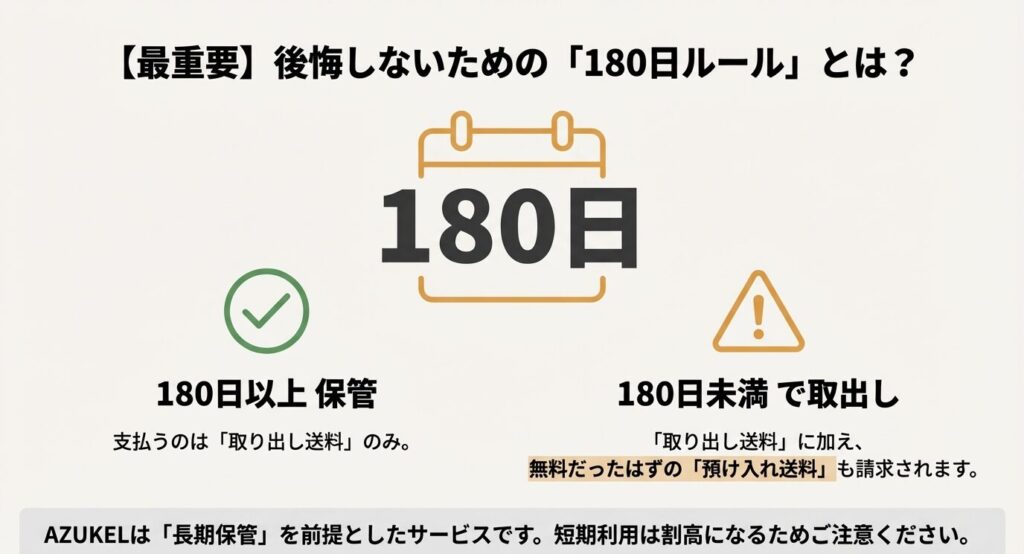 保管期間が180日以上なら取り出し送料のみだが、180日未満だと預け入れ送料も追加請求される仕組みの解説図。