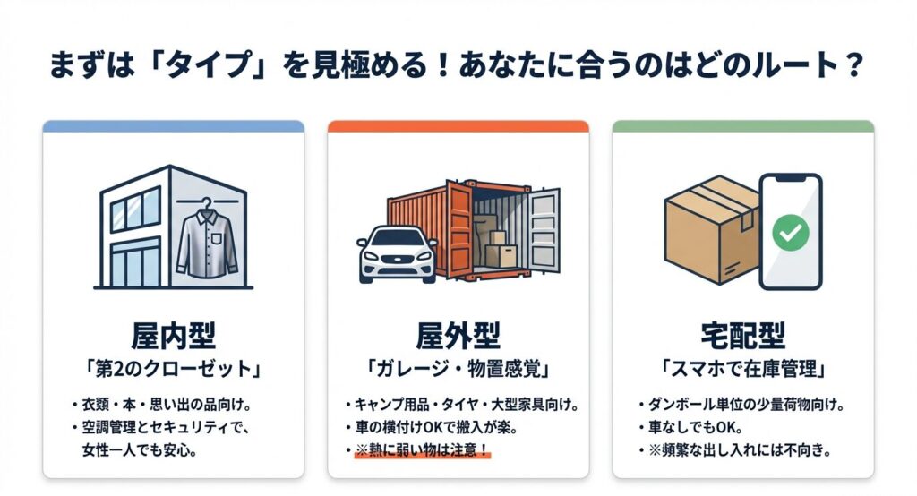 ビル型の屋内収納、コンテナ型の屋外収納、スマホ管理の宅配型それぞれの特徴を表したイラスト
