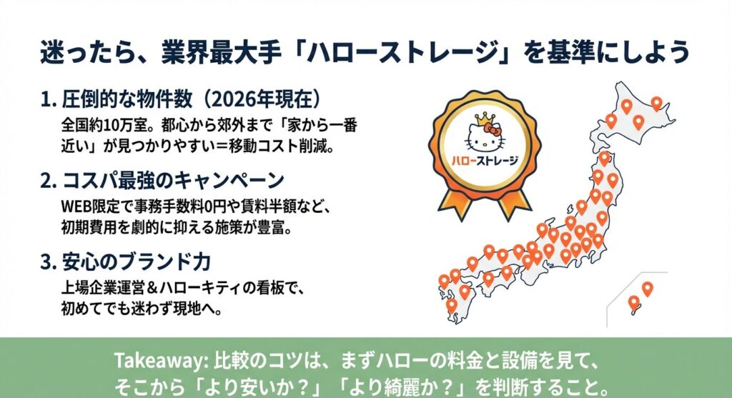 日本地図上に配置された多数のピンとハローストレージのロゴマーク。全国約10万室の規模を示す図