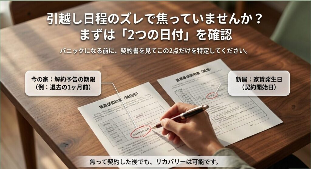 越し日程のズレを確認するために、現在の家の賃貸借契約書で「解約予告期限」を、新居の重要事項説明書で「家賃発生日」を特定する必要があることを示した図解