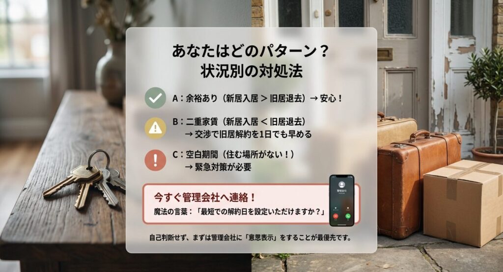 新居の入居日と旧居の退去日の関係によるパターンA（余裕あり）・B（二重家賃）・C（空白期間）の分類図 。空白期間がある場合は管理会社へ「最短での解約日」を交渉すべきというアドバイス