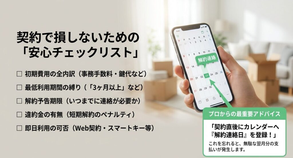 初期費用、最低利用期間、解約予告期限などのチェック項目一覧。および「契約直後に解約連絡日をカレンダー登録する」というプロからの重要アドバイス