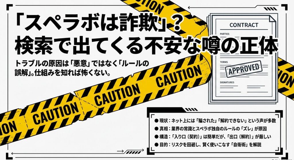 スぺラボが詐欺と言われる噂の正体と、入り口は簡単だが出口が厳しいという契約構造を図解したスライド。リスク回避の自衛術について。