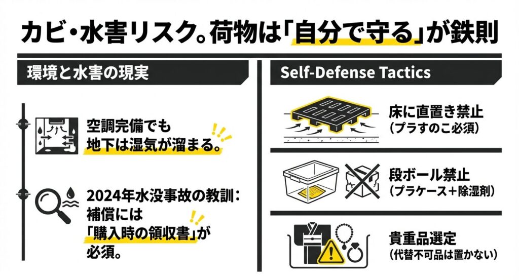 地下店舗の湿気リスクや水没事故の教訓。補償に領収書が必要な点や、すのこ・プラケースを使った具体的な自衛術(床置き禁止・段ボール禁止など)のイラスト解説。