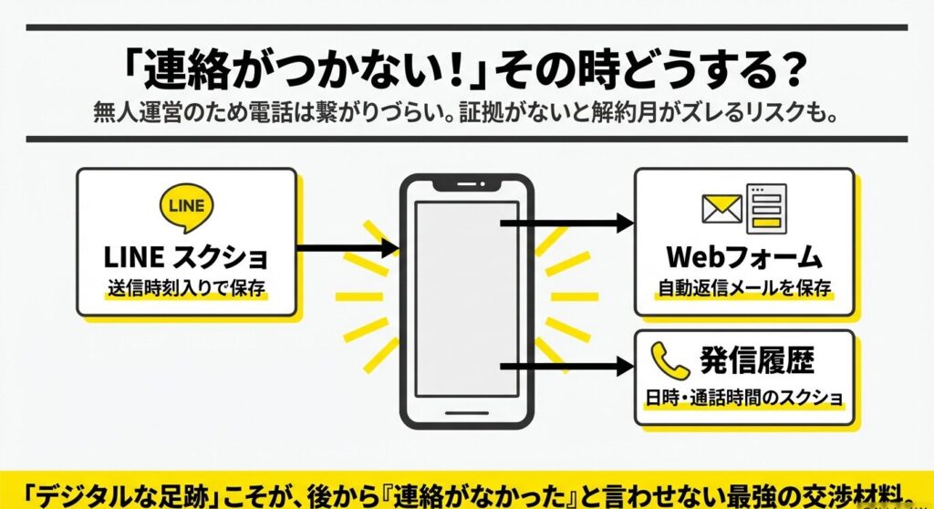 スぺラボ運営に連絡がつかない場合の対策フロー。LINEのスクショ保存、Webフォームの自動返信保存、発信履歴の記録など、交渉材料となる証拠の残し方。