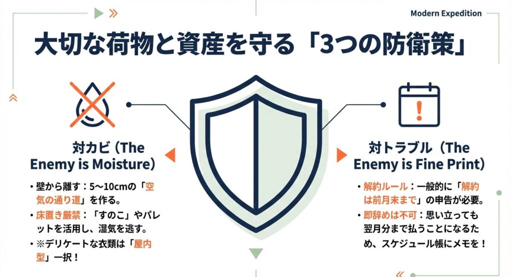 湿気対策のために壁から距離を離す様子と、解約トラブル防止のためのスケジュール帳へのメモを促すイラスト
