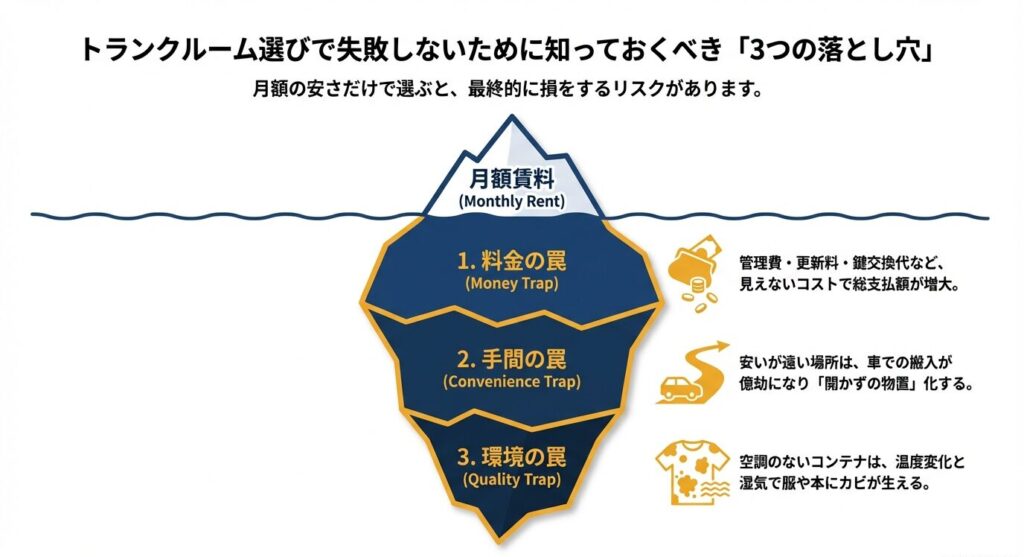 月額料金の安さ、アクセスの手間、保管環境の悪さという、トランクルーム選びで損をする3つの代表的なリスク（料金・手間・環境の罠）を図解したイラスト。