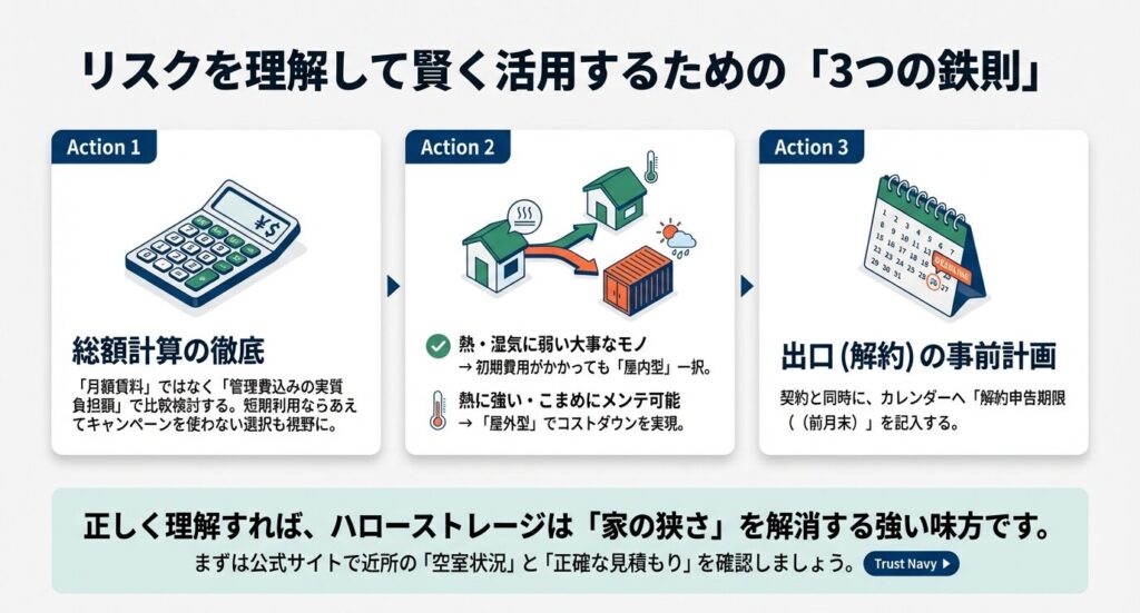 リスク診断を踏まえた具体的な対策アクション。総額計算の徹底、用途に合わせた屋内・屋外の使い分け、解約申告期限のカレンダー記入をイラストで解説した「賢い利用の3つの鉄則」。