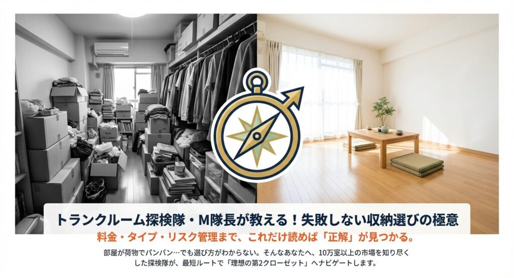 散らかった部屋と片付いた部屋の比較画像と、中央に配置されたコンパスのアイコン