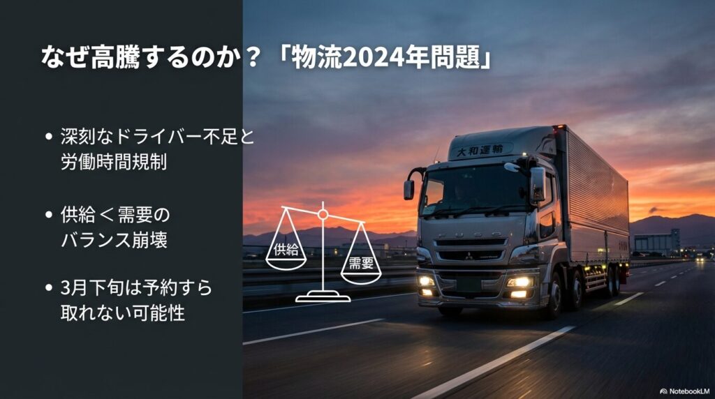 物流2024年問題によるドライバー不足と労働時間規制により、供給が需要に追いつかず需給バランスが崩壊しているメカニズムの解説図。