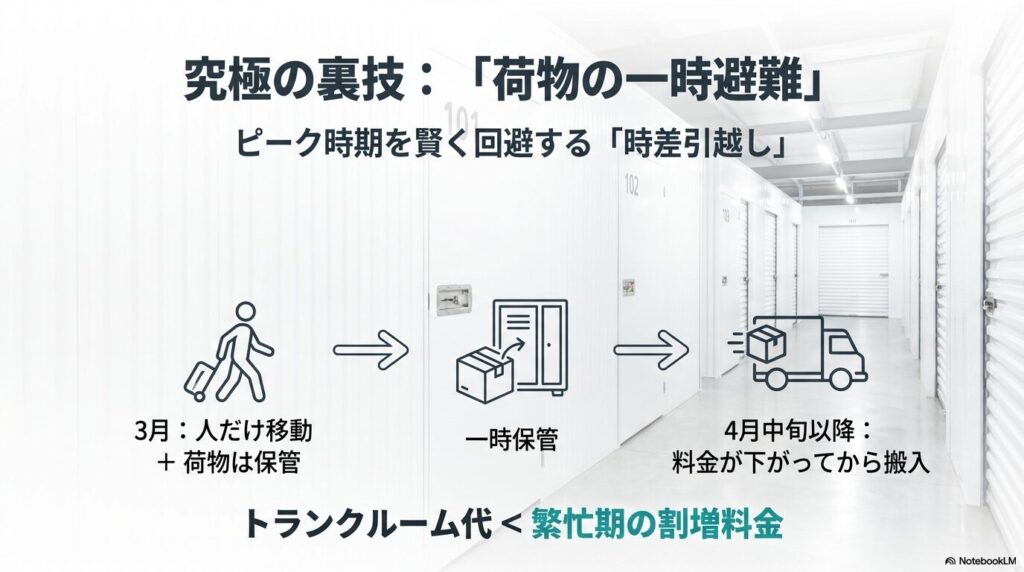 繁忙期を避けて荷物を一時保管し、料金が下がる4月中旬以降に新居へ移動することで引越し難民を回避する「時期ずらし」のスキーム図。
