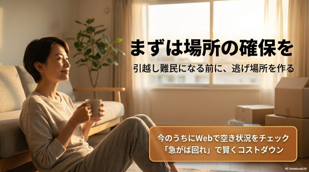 「急がば回れ」で賢くコストダウンするために、引越し難民になる前にWebでトランクルームの空き状況をチェックすることを促すメッセージ。