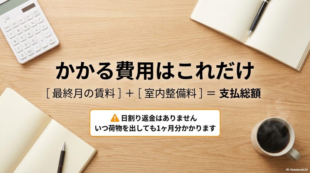 解約時にかかる費用は「最終月の賃料」と「室内整備料」の合計であり、日割り返金はないことを示す計算式の図解。