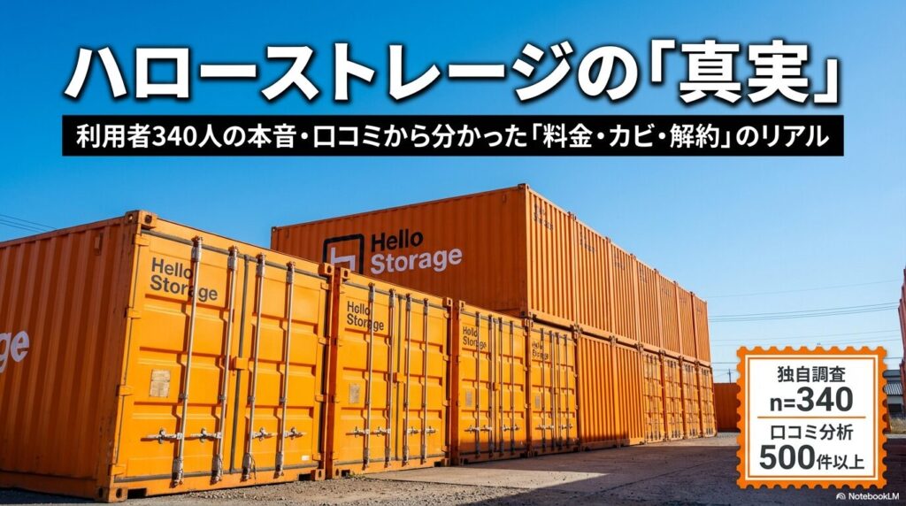 ハローストレージの実態を、利用者340人アンケートと口コミ500件以上の分析で「料金・カビ・解約」のリアルとしてまとめた表紙スライド