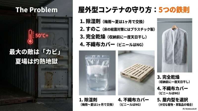 屋外型コンテナは夏場50℃超とカビが最大リスクであることを示し、除湿剤交換・すのこ・完全乾燥・不織布カバー(ビニールNG)・屋内型選択の5つの対策をまとめたスライド