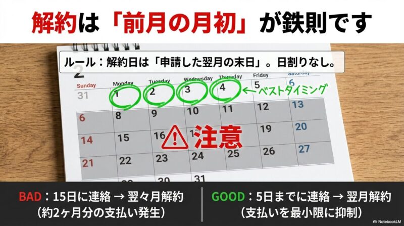 ハローストレージは解約日が「申請した翌月末」で日割りなしのため、月初(1〜5日)申請が最も損失を抑えると示すスライド(中旬連絡は約2ヶ月分発生の注意)