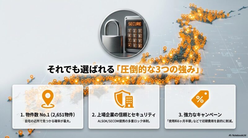 ハローストレージの強みとして、物件数No.1(2,651物件)、上場企業の信頼とALSOK/SECOM連携など多層セキュリティ、使用料半額などのキャンペーンの3点を示すスライド