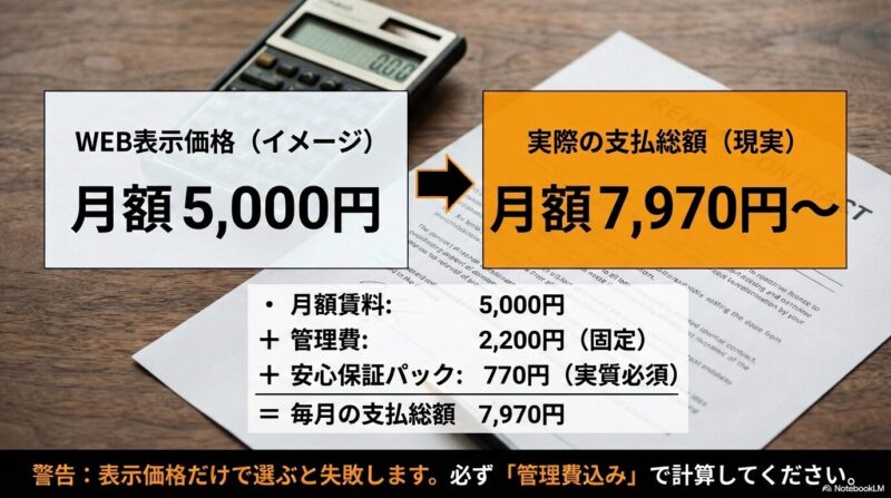 WEB表示の月額賃料に対し、管理費2,200円と安心保証パック770円が加算され、実際の支払総額が上がることを示す比較スライド(管理費込みで計算が必要)