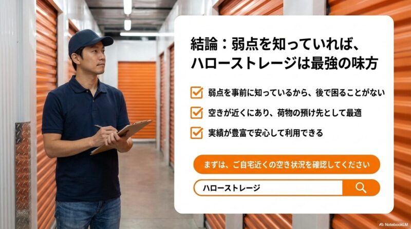 弱点を理解して対策すれば後悔しにくいと結論づけ、空き状況の確認を促す最終結論スライド(ハローストレージは最強の味方)