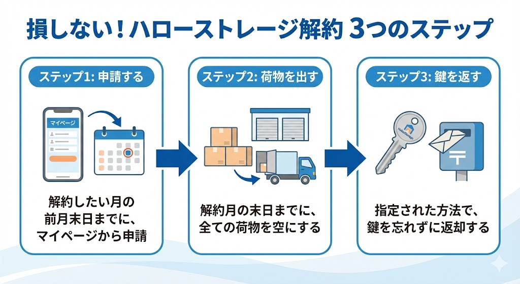 ハローストレージ解約の3ステップを示したフローチャート。ステップ1は前月末までの申請、ステップ2は解約月末までの荷物搬出、ステップ3は鍵の返却。