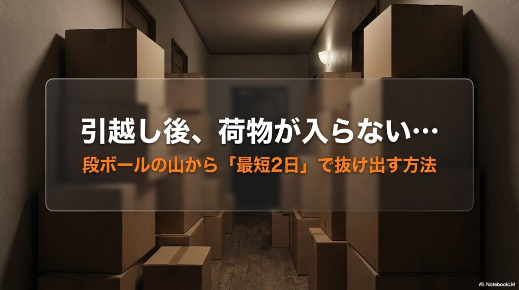 段ボールが並ぶ狭い通路の背景に、引越し後に荷物が入らない悩みと最短2日で解決する訴求を重ねたイメージ画像