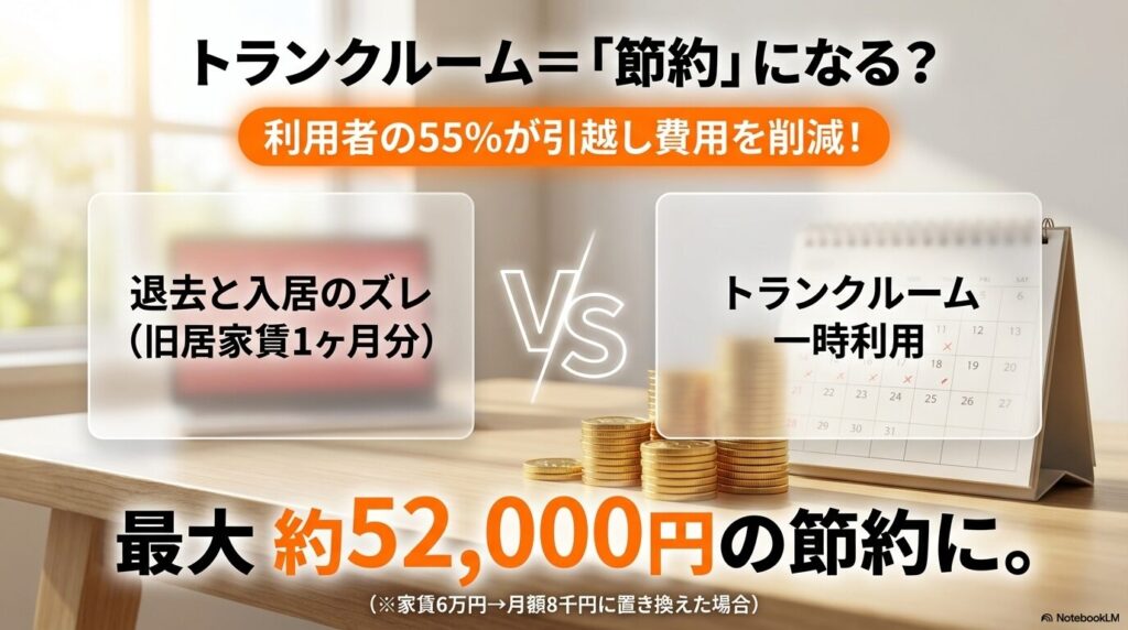 退去と入居のズレによる旧居家賃負担と、トランクルーム一時利用を比較し、最大約52000円節約できる可能性を示した画像