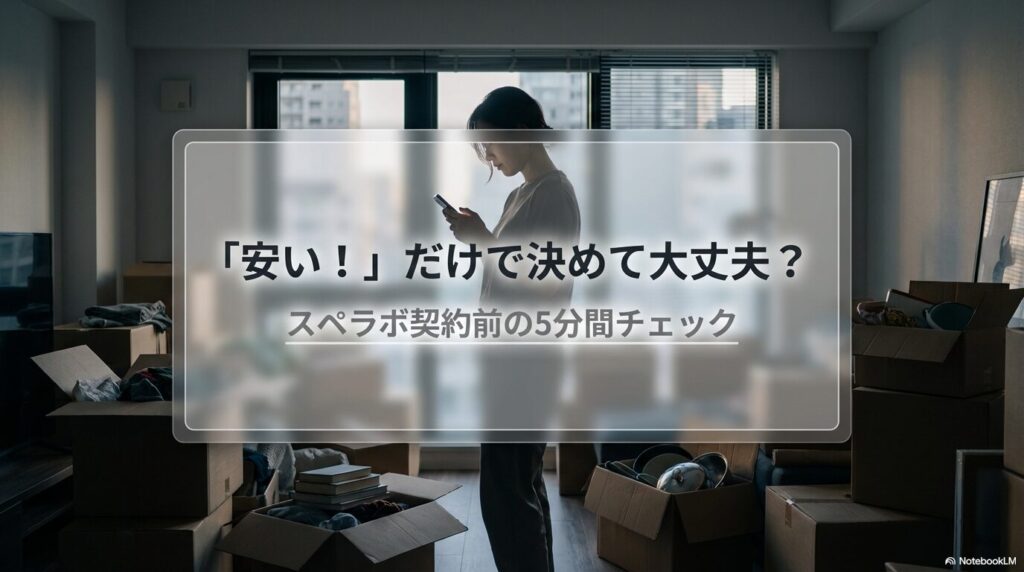 スペラボを安さだけで決めてよいかを検討するための導入スライド。契約前に確認すべきポイントを5分で把握できることを示している