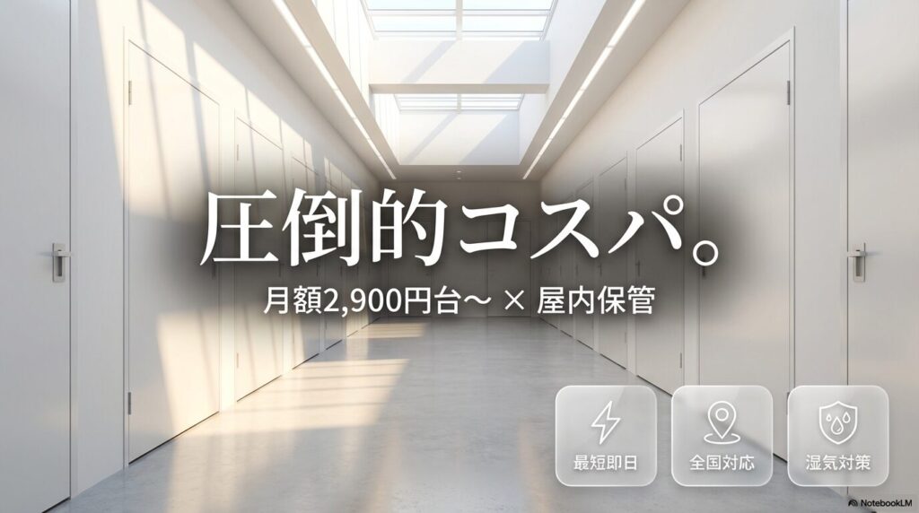 スペラボの月額2,900円台からの料金と屋内型保管の強みを視覚的に示したスライド。コスパの高さを訴求している