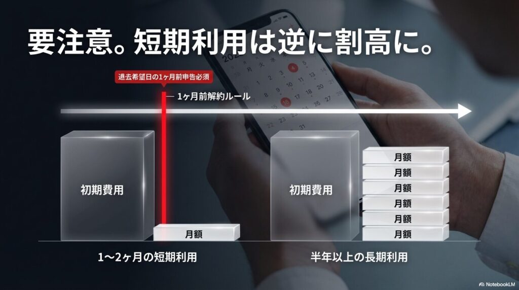 スペラボの短期利用が割高になりやすい理由を、初期費用と1か月前解約ルールを交えて示した比較図