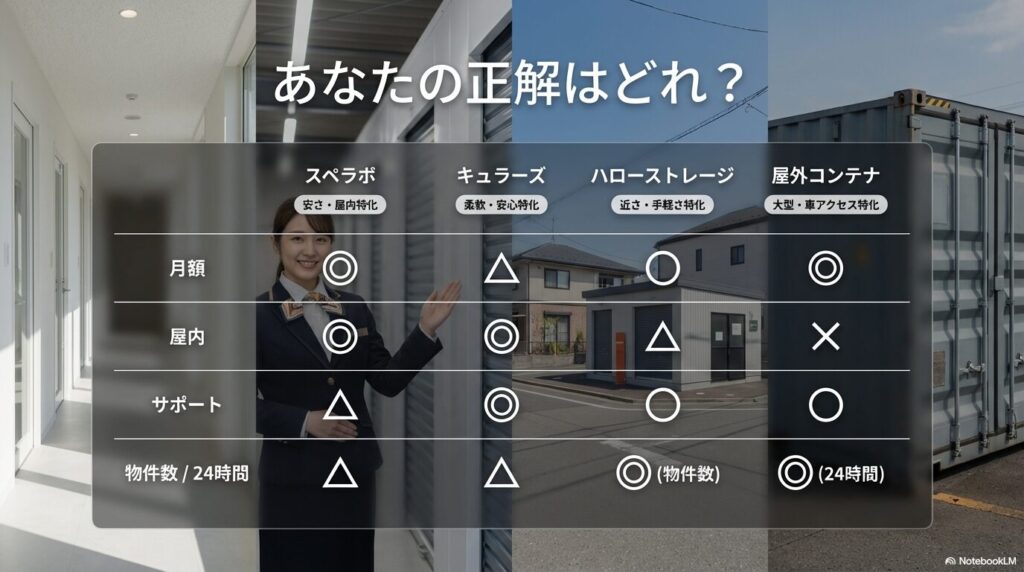 スペラボ、キュラーズ、ハローストレージ、屋外コンテナを月額、屋内保管、サポート、24時間対応で比較したスライド
