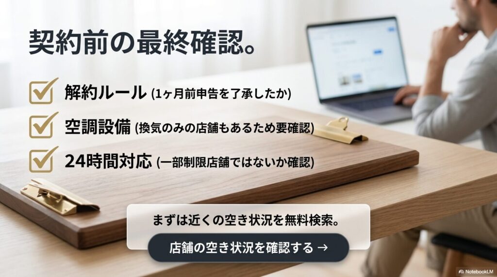 スペラボ契約前に確認すべき解約ルール、空調設備、24時間対応の3項目をまとめた最終確認スライド