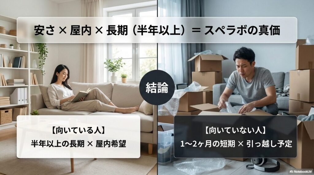 スペラボは半年以上の長期利用で屋内型を安く使いたい人に向き、1〜2か月の短期利用や引っ越し予定がある人には向かないことを示した判定スライド