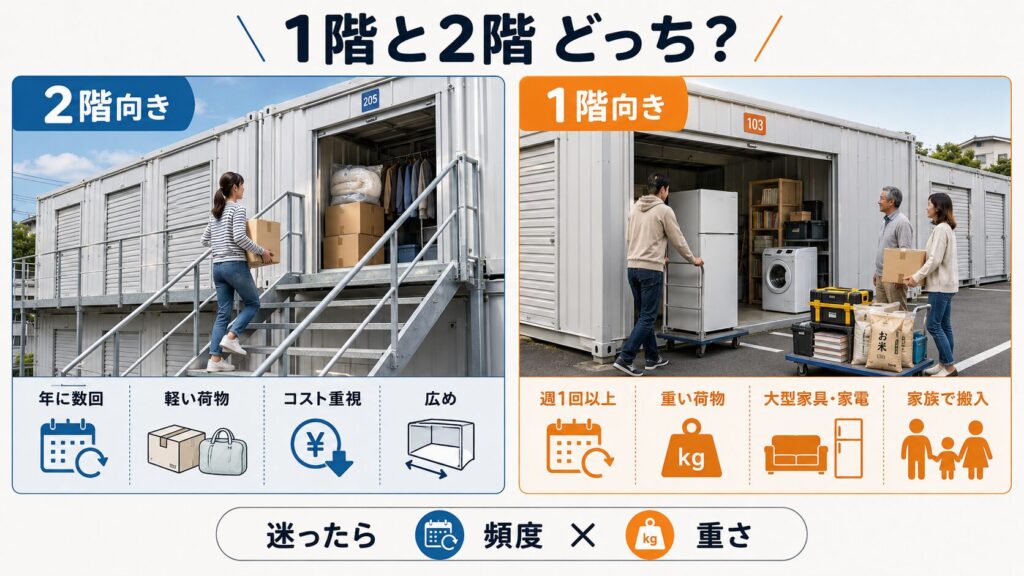トランクルームの1階と2階を、出し入れ頻度・荷物の重さ・コスト・広さで比較したチェックリスト画像。